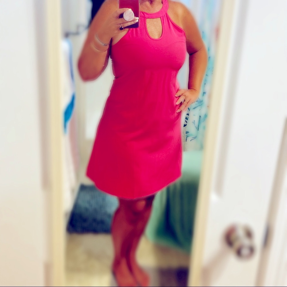Size XL… hot pink dress.. halter top style w/ button on back..